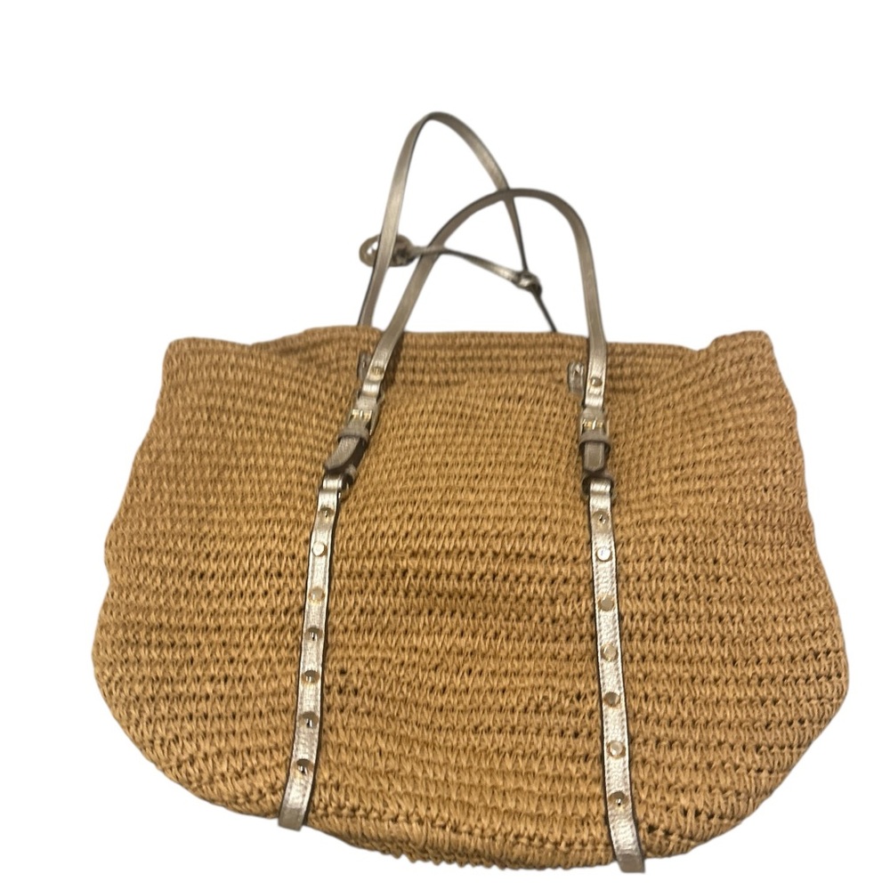 Michael Kors tan Woven straw Tote gold leather straps studded logo charm - Picture 7 of 11